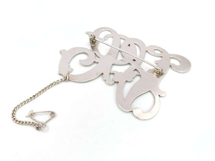 Gorgeous sterling silver scrolled initials brooch