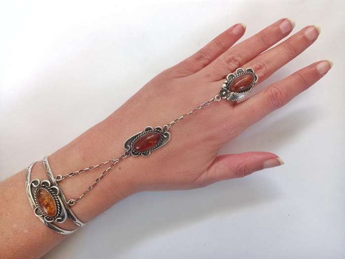 Amazing sterling silver & Baltic amber Navajo gypsy style ring & bracelet set