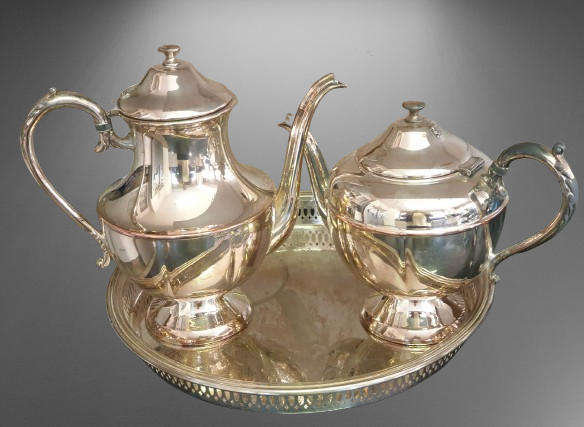 Vintage ESSAY EP Copper lead mounts made in Canada Coffee and Teapot on a EPNS tray