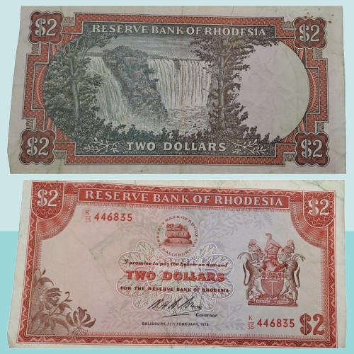 Rare 1970 Rhodesia 2 Dollar (Two Dollar) Banknote-Rhodes Watermark