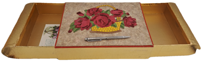 Large Vintage Rowntree's York Seal Assortment Chocolates Box with Embroided Roses sides slide open