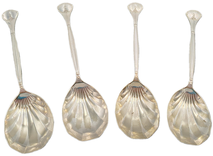 4 Vintage M&RS Permanent plate serving spoons with shell bowls Rd.no.240300 Made in Sheffield Eng.
