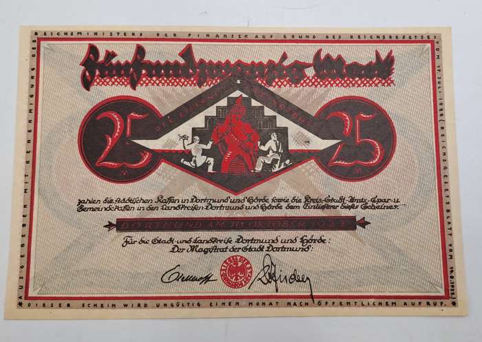 1922 German notgeld 25 MARK Districts of Dortmund and Hörde (Prussian province of Westphalia)