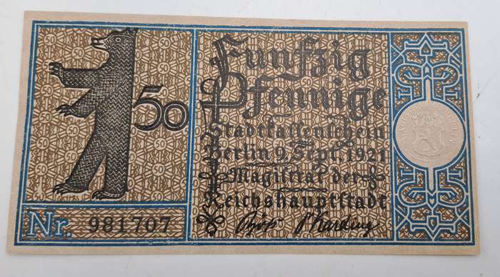 1921  Germany  German notgeld  Berlin, Prussian province  50 Pfennigs Districts Series -