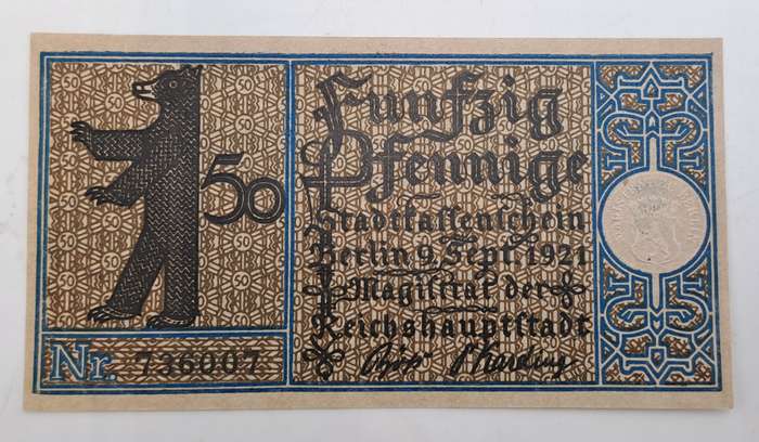 1921  Germany  German notgeld  Berlin, Prussian province  50 Pfennigs Districts Series - Issue 5