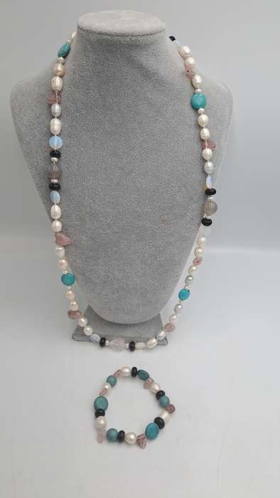 Vintage Genuine baroque Pearl,turquoise,lepidolite Natural stone Necklace with matching bracelet