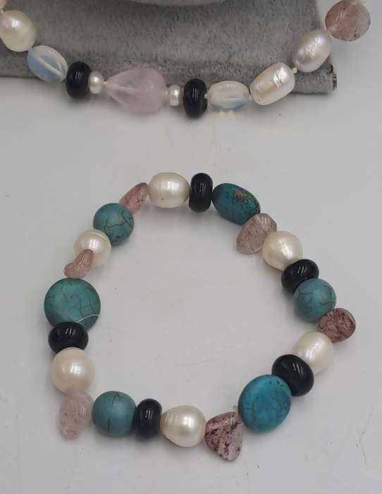 Vintage Genuine baroque Pearl,turquoise,lepidolite Natural stone Necklace with matching bracelet