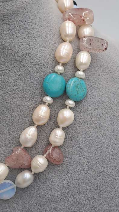 Vintage Genuine baroque Pearl,turquoise,lepidolite Natural stone Necklace with matching bracelet