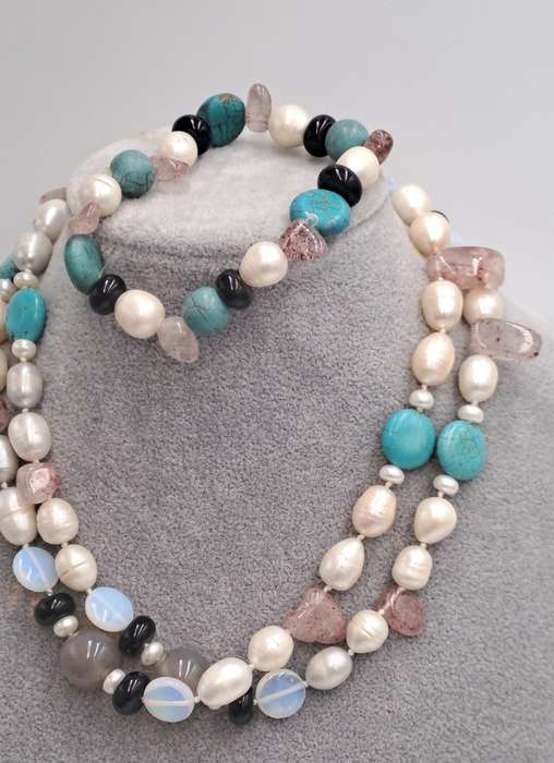 Vintage Genuine baroque Pearl,turquoise,lepidolite Natural stone Necklace with matching bracelet