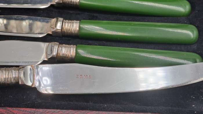 13pc Antique /Vintage EPNS Knife and spoon set with tongs-Green Bakelite Handle's -Boxed