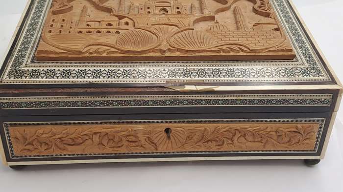 Antique /Vintage Antique Taj Mahal Carved Wood And Inlay Hinged trinket Box