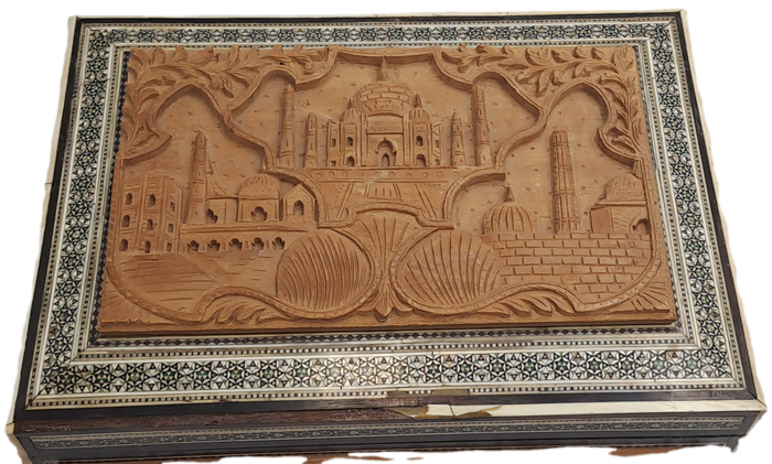 Antique /Vintage Antique Taj Mahal Carved Wood And Inlay Hinged trinket Box