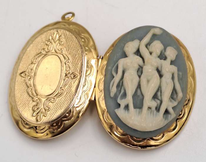 Vintage White and Blue Cameo Pendant Locket -Three Nymph Scene-Gold Tone