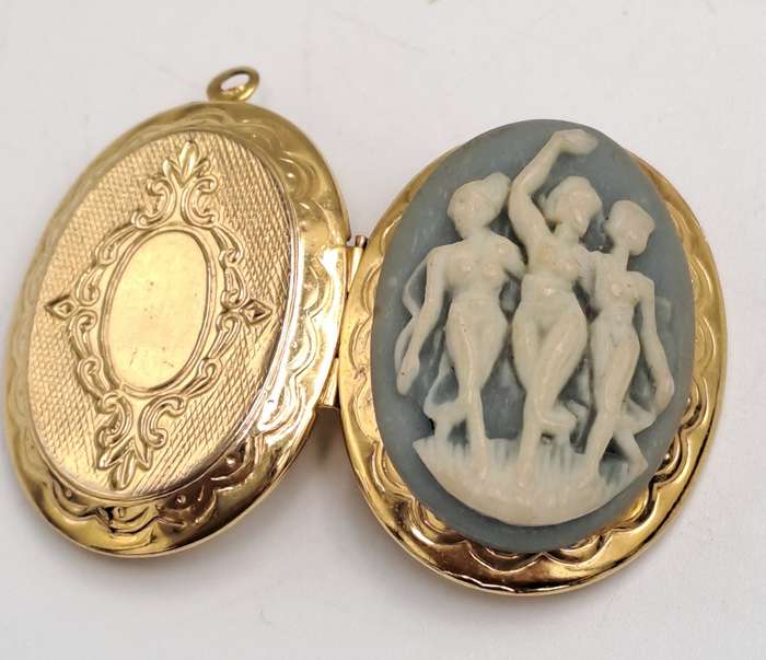 Vintage White and Blue Cameo Pendant Locket -Three Nymph Scene-Gold Tone