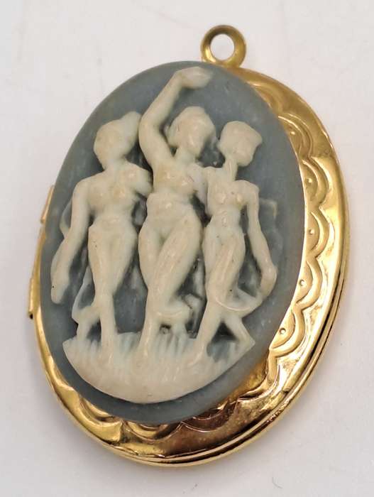 Vintage White and Blue Cameo Pendant Locket -Three Nymph Scene-Gold Tone
