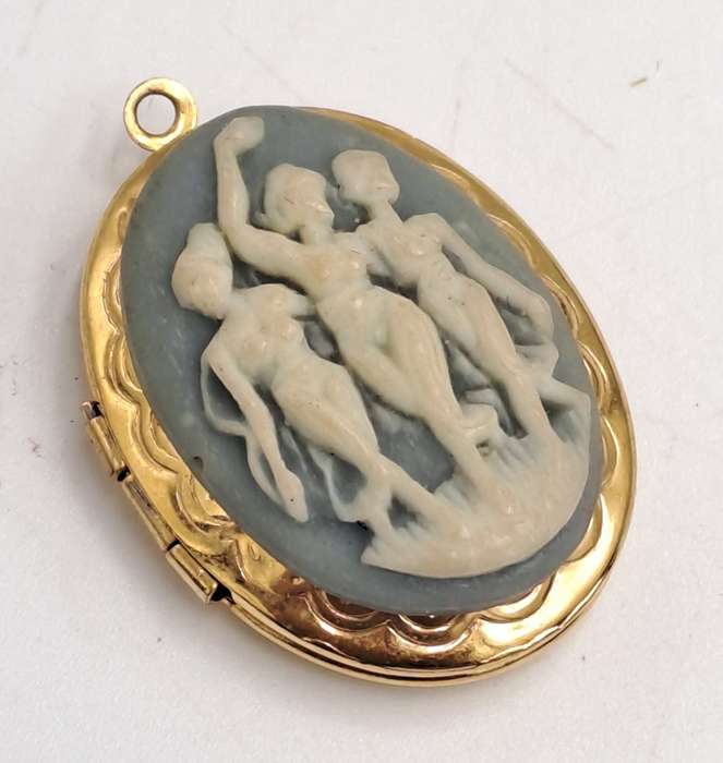 Vintage White and Blue Cameo Pendant Locket -Three Nymph Scene-Gold Tone