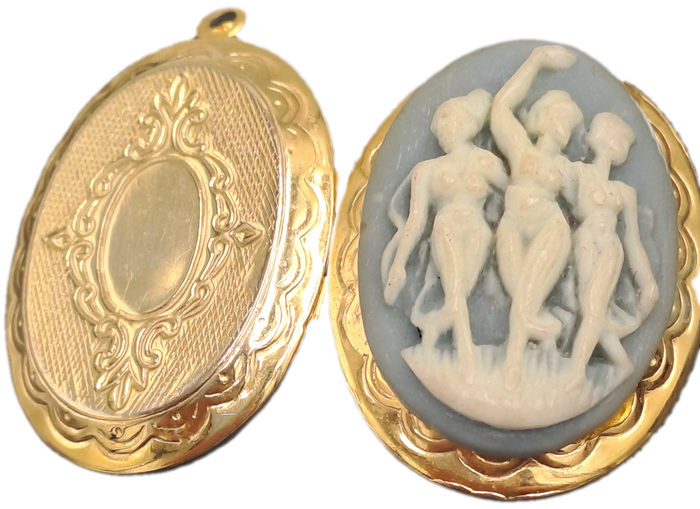 Vintage White and Blue Cameo Pendant Locket -Three Nymph Scene-Gold Tone