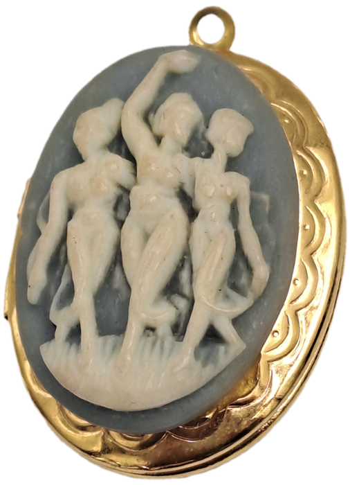 Vintage White and Blue Cameo Pendant Locket -Three Nymph Scene-Gold Tone