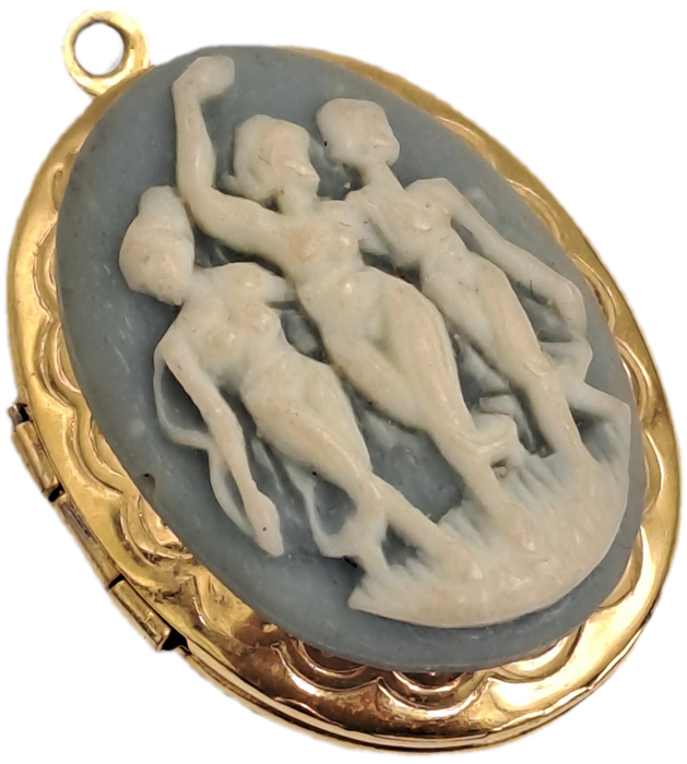 Vintage White and Blue Cameo Pendant Locket -Three Nymph Scene-Gold Tone