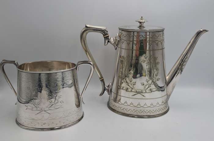 Large Antique Victorian Silver Plated Tea pot and Sugar Pot