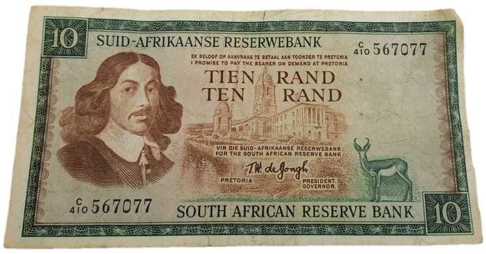1975-1976 R10 Note -T.W. de Jongh, Watermark van Riebeeck-Afrikaans-English -C410 567077-Circulated