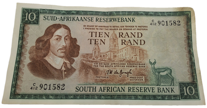 1975-1976 Ten Rand Note -T.W. de Jongh, Watermark van Riebeeck-Afrikaans-English -C/412 901582