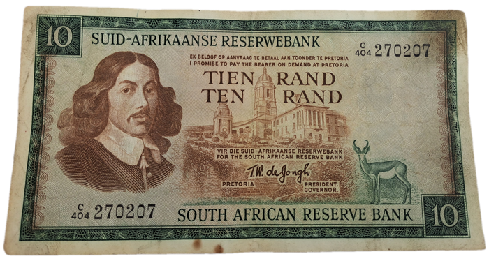 1975-1976 Ten Rand Note -T.W. de Jongh, Watermark van Riebeeck-Afrikaans-English -C/404 270207