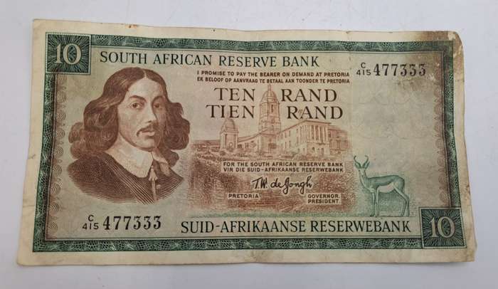 1975-1976 Ten Rand Note -T.W. de Jongh, Watermark van Riebeeck-English-Afrikaans -C/415 477333