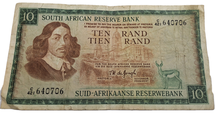 1975-1976 Ten Rand Note -T.W. de Jongh, Watermark van Riebeeck-English-Afrikaans -C/421 640706