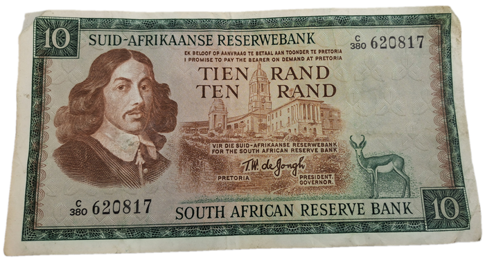 1975-1976 Ten Rand Note -T.W. de Jongh, Watermark van Riebeeck-Afrikaans-English -C/380 620817