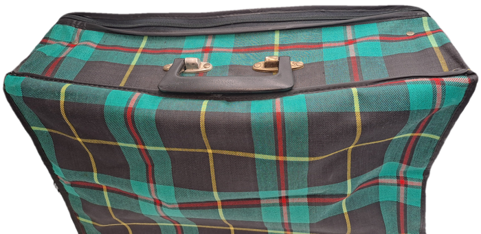 A Small Vintage Collapsible Travel Suitcase - Green Scottish Printed Fabric