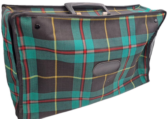 A Small Vintage Collapsible Travel Suitcase - Green Scottish Printed Fabric