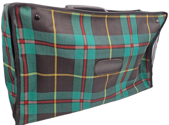 A Small Vintage Collapsible Travel Suitcase - Green Scottish Printed Fabric