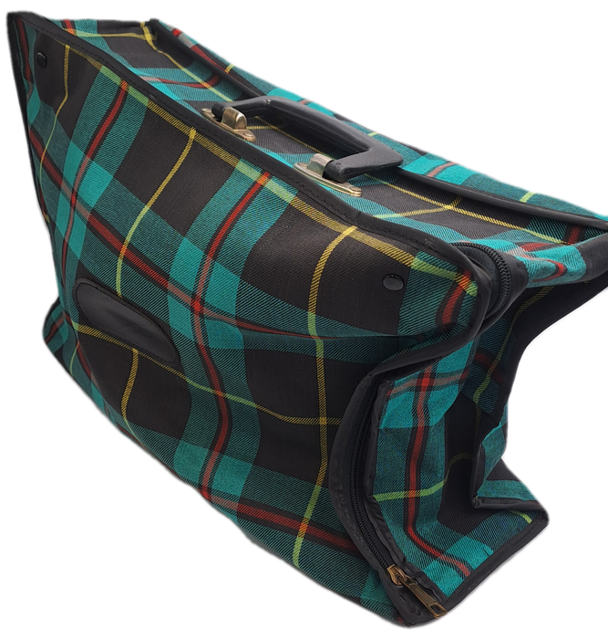A Small Vintage Collapsible Travel Suitcase - Green Scottish Printed Fabric