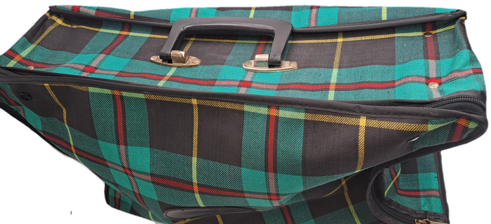 A Small Vintage Collapsible Travel Suitcase - Green Scottish Printed Fabric