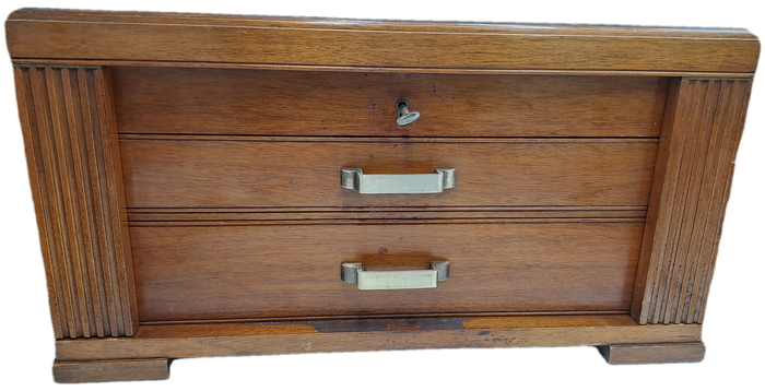 Large Antique /Vintage Empty Wood 3 Layer (2 draws) Canteen for Cutlery with Key -Hold 130+ pc
