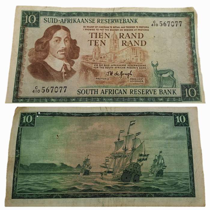1975-1976 R10 Note -T.W. de Jongh, Watermark van Riebeeck-Afrikaans-English -C410 567077-Circulated