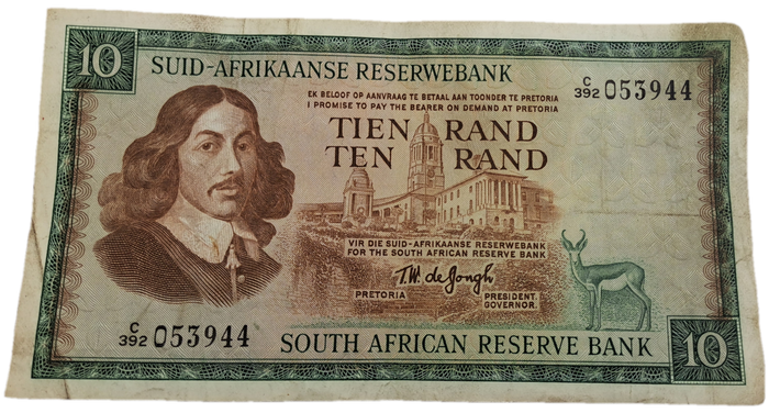 1975-1976 Ten Rand Note -T.W. de Jongh, Watermark van Riebeeck-Afrikaans-English -C/392 053944