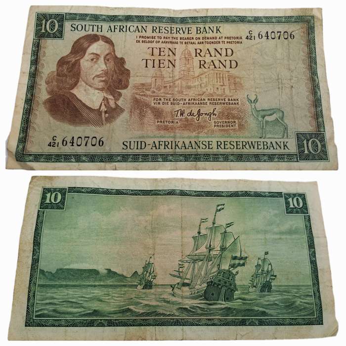 1975-1976 Ten Rand Note -T.W. de Jongh, Watermark van Riebeeck-English-Afrikaans -C/421 640706