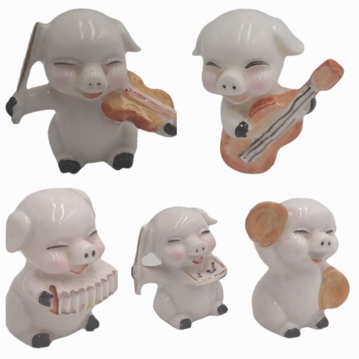 5 Vintage Japanese Elweco Pig Musician Figurines 7cm tall