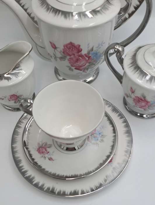 Beautiful 24pc Porcelain Floral Rose Pattern Teaset-Teapot,Cakeplate,Ceamer,Sugar bowl -6 Trio's