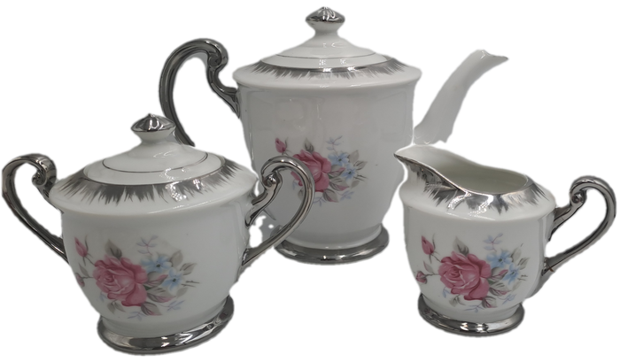 Beautiful 24pc Porcelain Floral Rose Pattern Teaset-Teapot,Cakeplate,Ceamer,Sugar bowl -6 Trio's