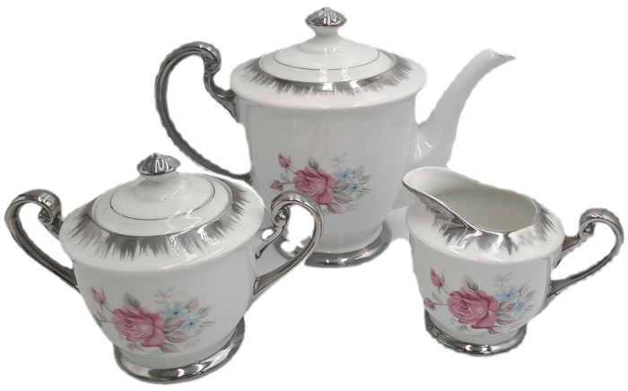 Beautiful 24pc Porcelain Floral Rose Pattern Teaset-Teapot,Cakeplate,Ceamer,Sugar bowl -6 Trio's