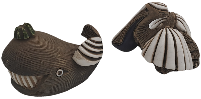 2 Vintage Artesania Rinconada Collectable Smiling Whale and Pelican Ceramic Figurines -Uruguay