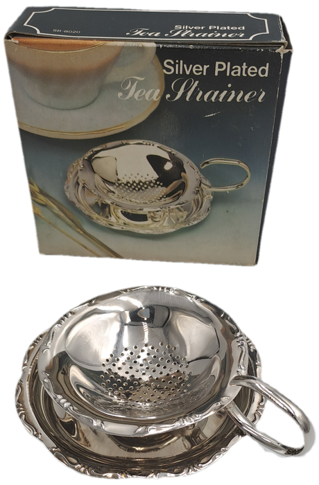 Silver Plated Tea Strainer with tray -Boxed -11cm tall