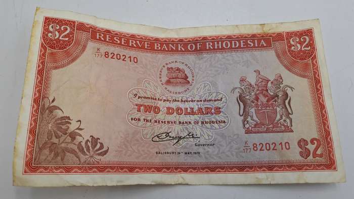 Rhodesia 1979 2 Dollars Circulated - Bird Watermark