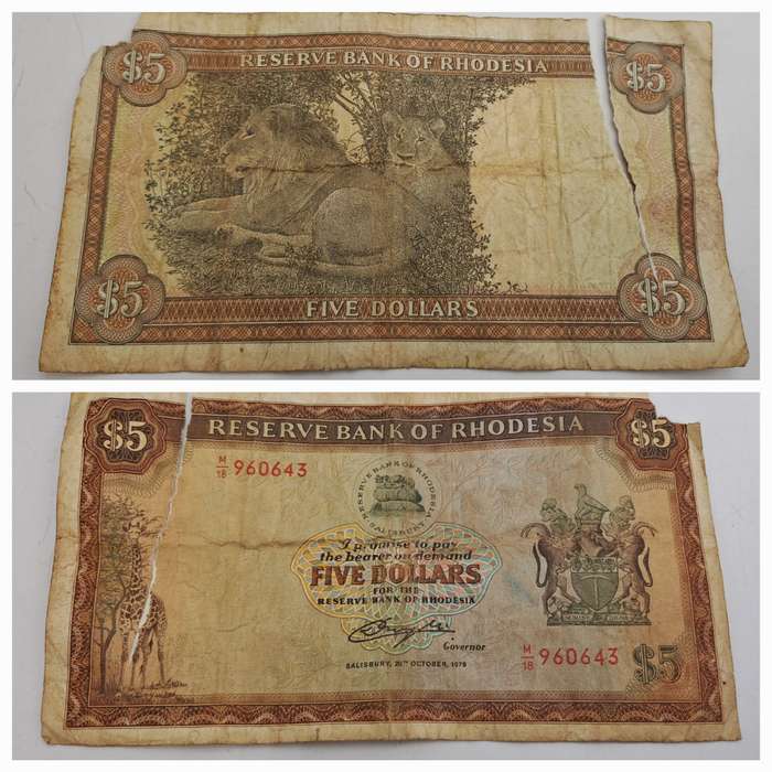 Rhodesia 1978 - 5 Dollars Circulated - Cecil Rhodes watermark - See Condition