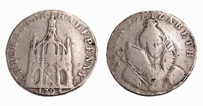 Antique 1794 United Kingdom ½ Penny -Sussex - Chichester / Elizabeth I (231 Year Old Coin)
