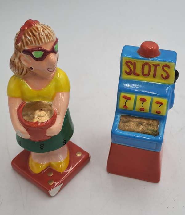 Vintage Omnibus OCI -Woman and Slot Machine Salt and Pepper Shakers -Made in the philippines