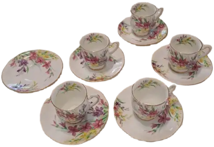 1950`s Royal Standard Garden Glory Demitasse 5 Cups ,6 Saucers (1 Cup chipped and 1 hairline Crack)